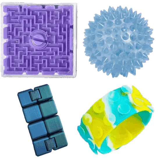 Curated sensory kit with tactile tools for regulation and hands-on exploration.