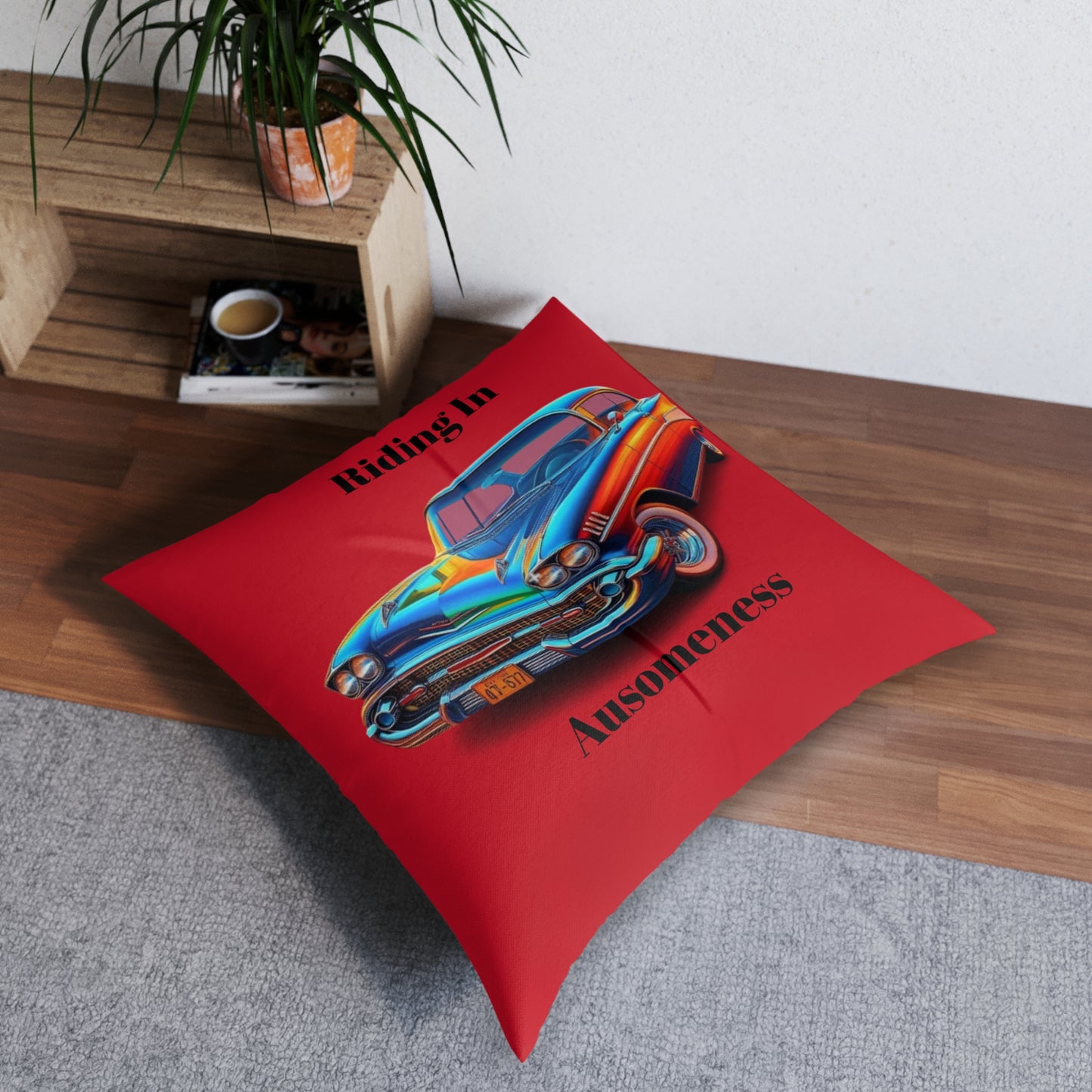 Almohada de suelo con mechones rojos y diseño de coche clásico de GB, cuadrada