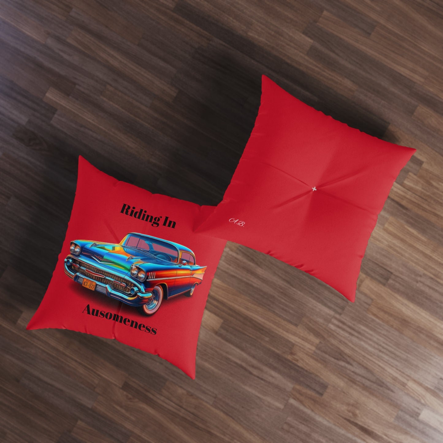 Almohada de suelo con mechones rojos y diseño de coche clásico de GB, cuadrada