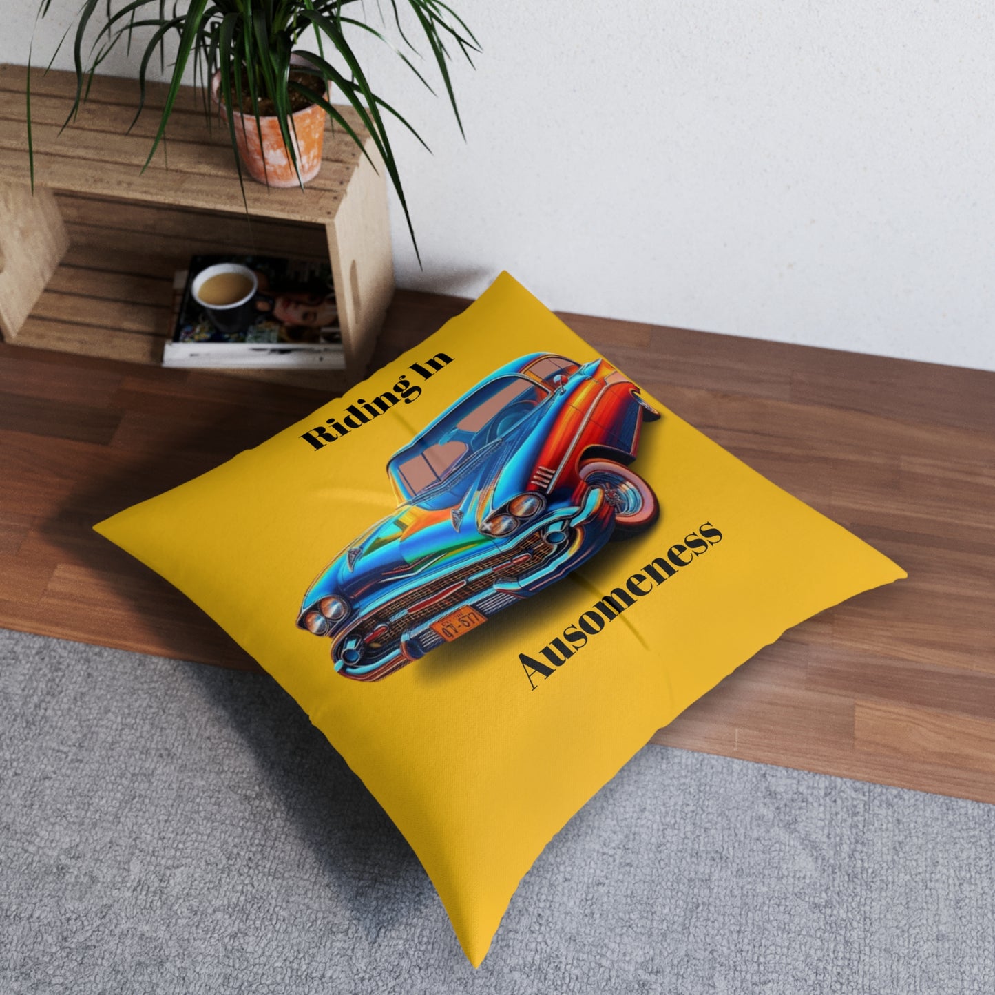 GB's Classic Car Yellow Tufted Floor Pillow, Square