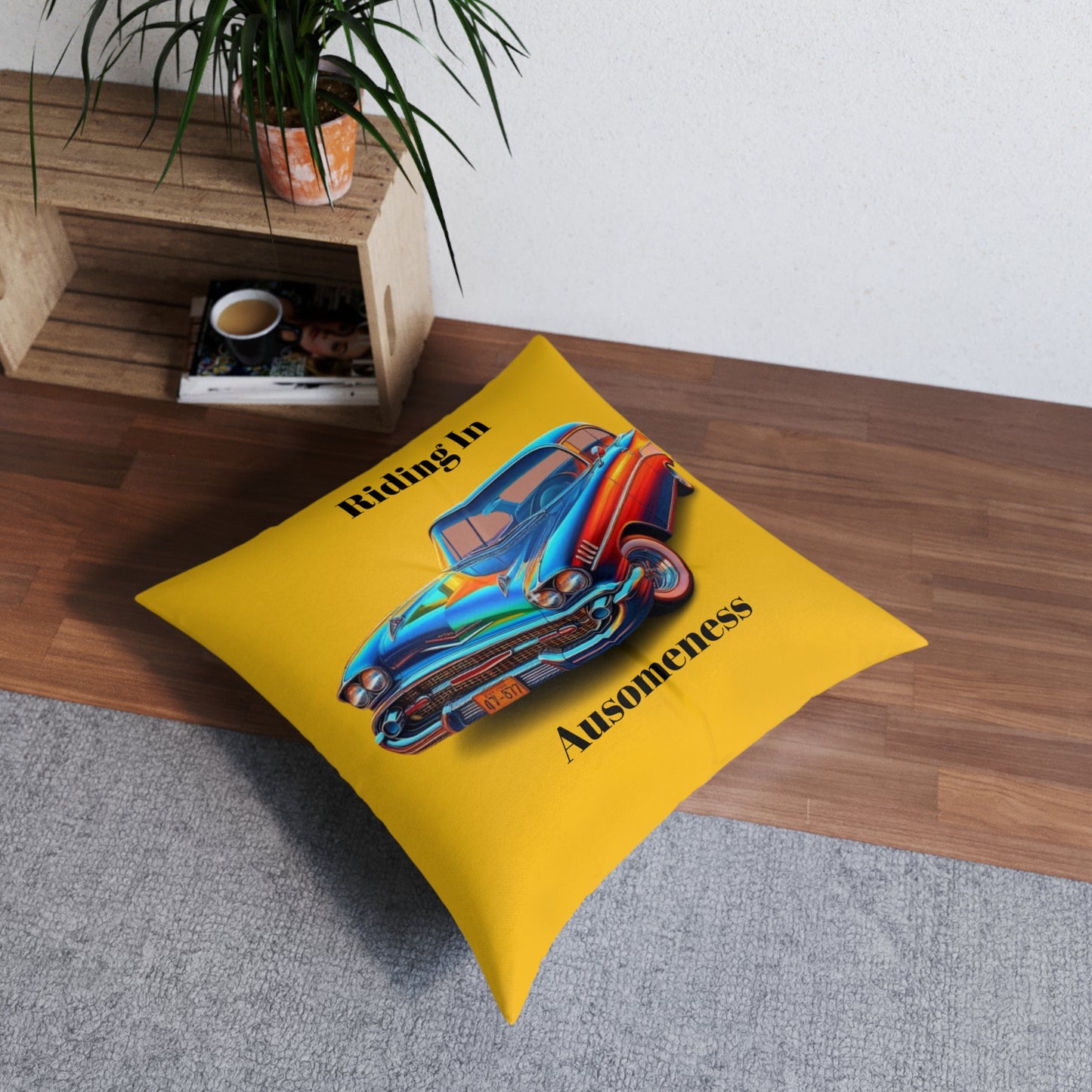 GB's Classic Car Yellow Tufted Floor Pillow, Square