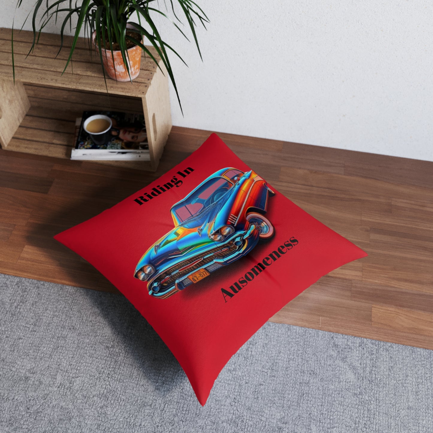 Almohada de suelo con mechones rojos y diseño de coche clásico de GB, cuadrada