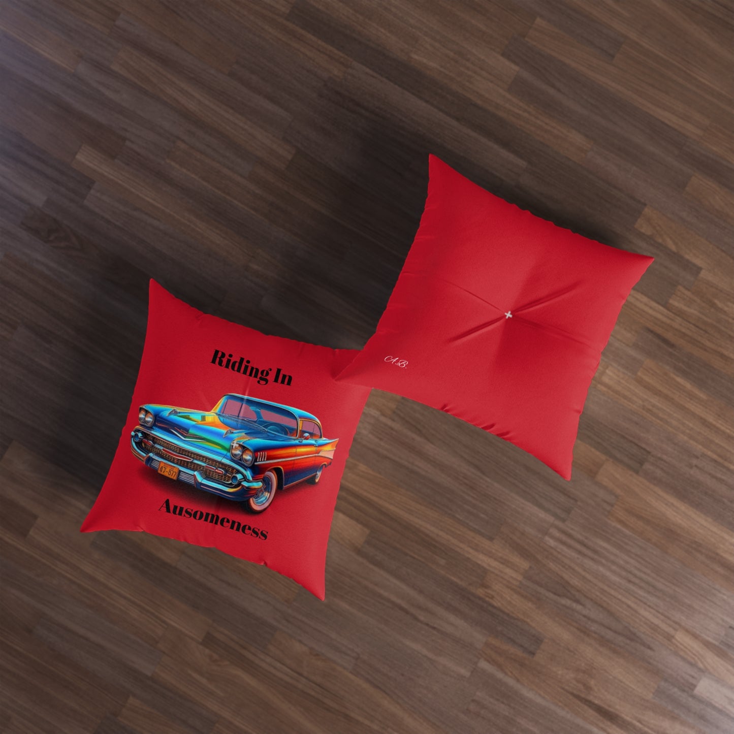 Almohada de suelo con mechones rojos y diseño de coche clásico de GB, cuadrada