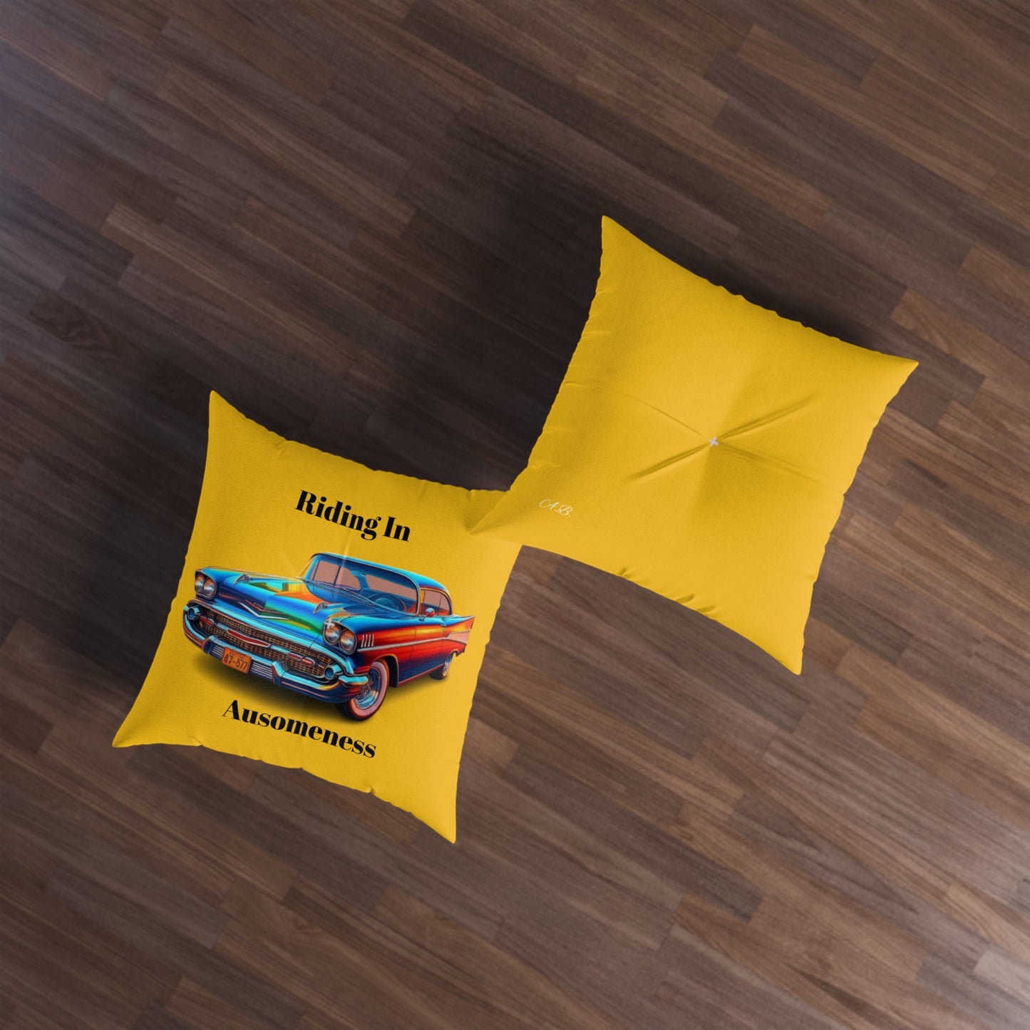 GB's Classic Car Yellow Tufted Floor Pillow, Square